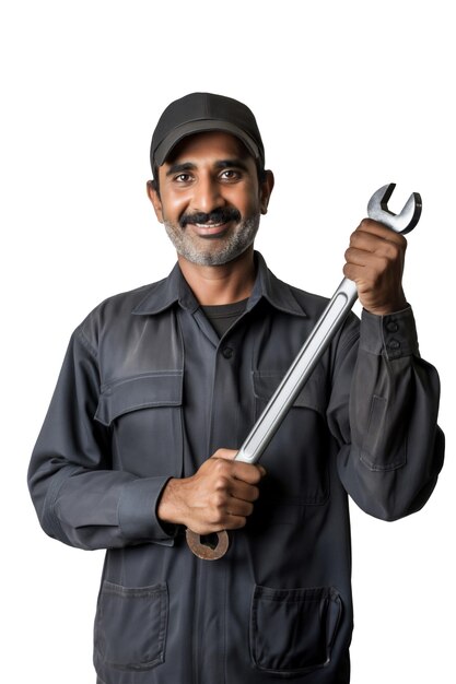 portrait of an indian male car mechanic holding a wrench