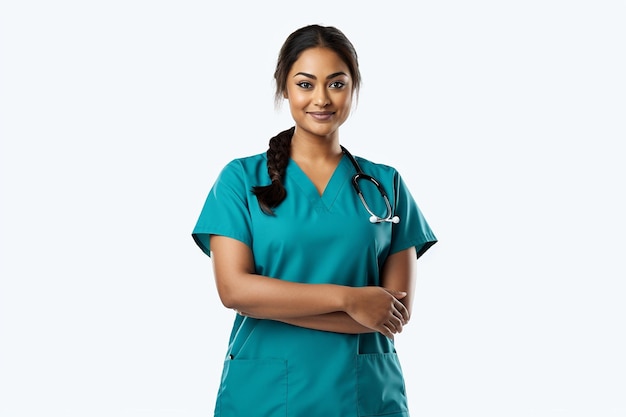 Portrait of an Indian Nurse in Medical Scrubs on a White Canvas