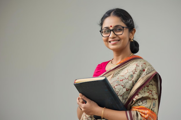 Portrait of Indian woman in saree and eyeglasses holding book