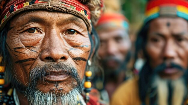 Portrait of an Indigenous Man with Traditional Face Paint and Attire