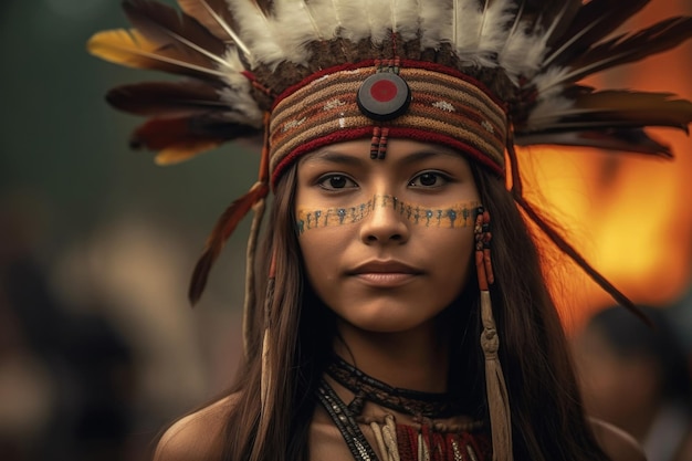 Portrait of indigenous tribe woman Native american people Generative AI