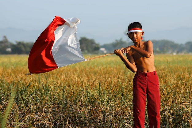 Portrait of Indonesian elementary school boy on the rice field waving an Indonesian flag celebrating