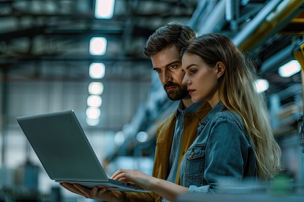 Photo a portrait of an industrial man and woman engineer with laptop in a factory working