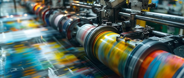 Photo a portrait of industrial printing press machine printing colorful pages with a big space for text or product backdrop use generative ai