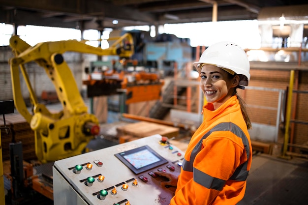 Portrait of an industrial worker controlling production process in factory