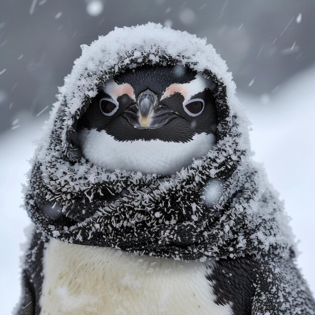 Photo a portrait of an insanely adorable penguin in a frozen tundra