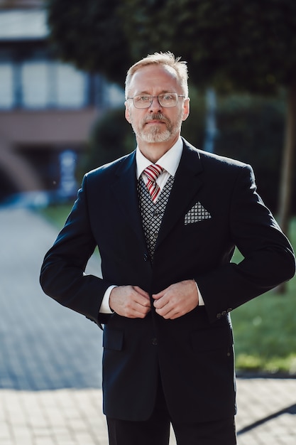 Portrait of intelligent wealthy and thoughtful attractive mature businessman with grey hair.