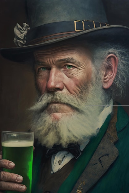 Portrait of an Irishman in hat with glass of green beer in hand St Patrick's Day Celebration