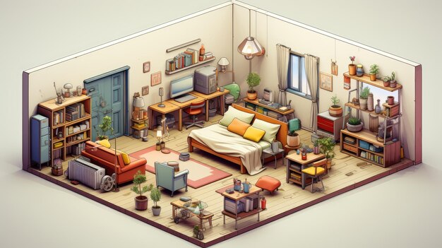 a portrait isometric architecture drawing interior housing furniture set public housing