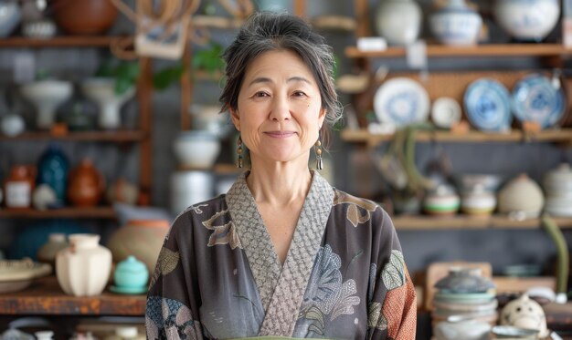 Photo portrait of japanese small business woman owner in artisan retail store