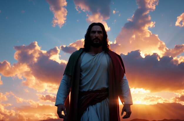 Portrait of Jesus Christ on background of breathtaking heaven Generative AI