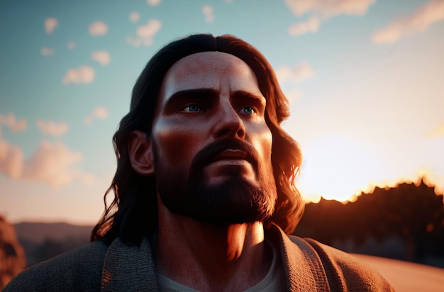 Portrait of Jesus Christ on background of breathtaking heaven Generative AI