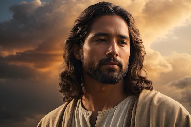 A portrait of Jesus Christ with an amazing background