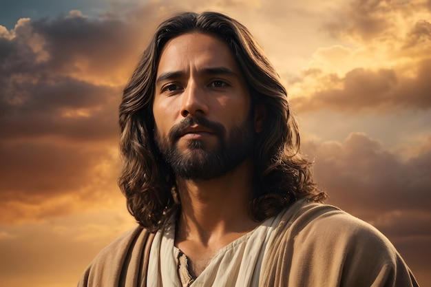 A portrait of Jesus Christ with an amazing background