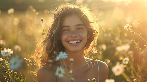 Photo portrait of joy a smiling woman bathed in natural light