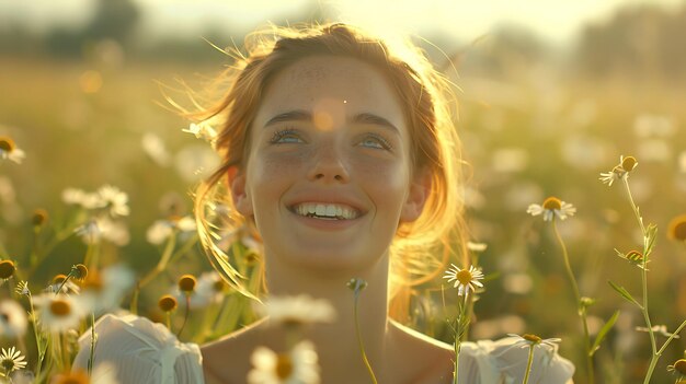 Photo portrait of joy a smiling woman bathed in natural light