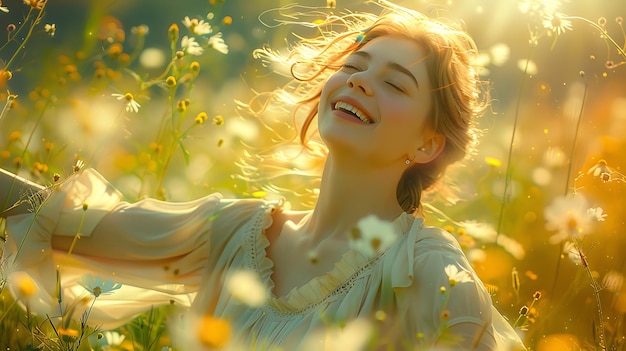 Photo portrait of joy a smiling woman bathed in natural light