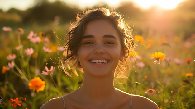 Photo portrait of joy a smiling woman bathed in natural light