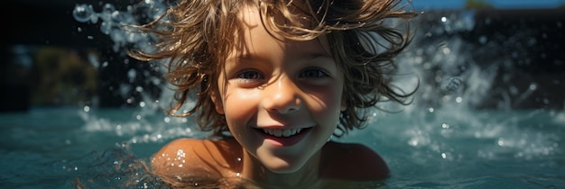 Portrait of a joyful boy swimming in water Concept of happiness and excitement Generative AI