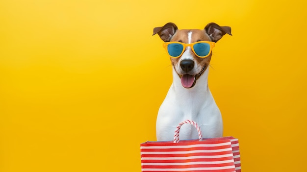 Portrait of a joyful dog wearing sunglasses peering out of a striped shopping bag against a yellow background