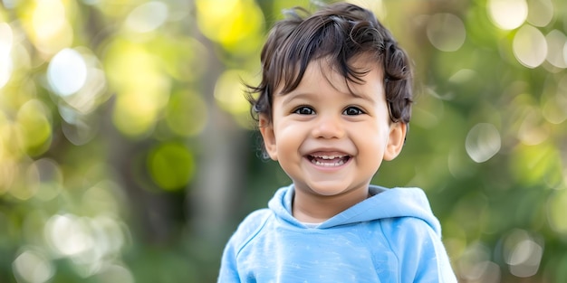 Portrait of a joyful Hispanic toddler boy in a blue sweatshirt outdoors Concept Outdoor Photoshoot Joyful Portraits Toddler Boy Blue Sweatshirt Hispanic