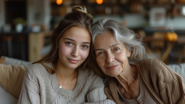 Photo portrait of joyful positive teenage girl and grandma together show family love