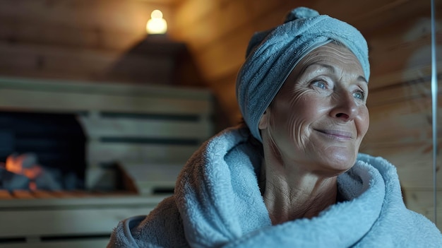 Photo portrait of a joyful and relaxed mature woman in a sauna