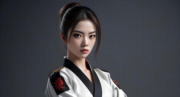 Portrait of a karate girl in kimono on dark background