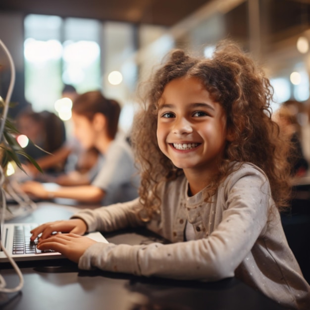 portrait kid girl learn to code with soft blurred friend in a computer lab coding classroom