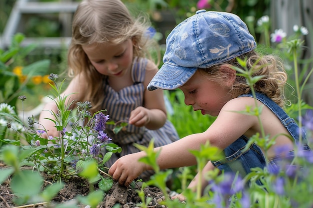 Photo portrait of kids enchantment with planting in garden magic