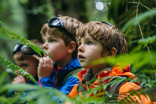 Photo portrait of kids thrilling nature quest adventurous explorers