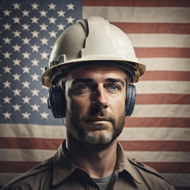 Portrait of a laboring man in a hard hat on an American flag background