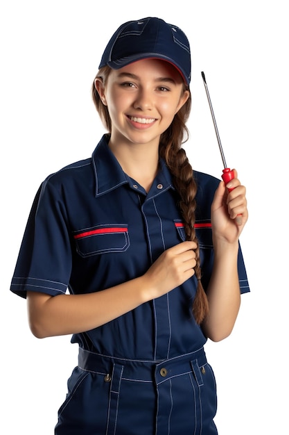 portrait of latin car mechanic girl holding screwdriver