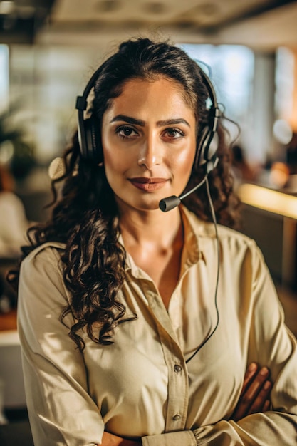 Portrait of a latin telephone operator standing with headset on