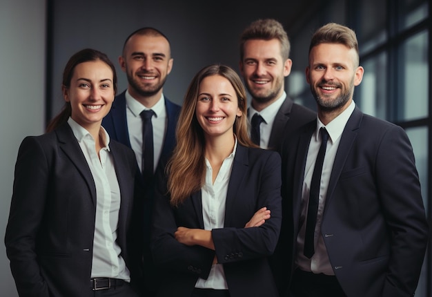 Portrait of laughing business team standing in office