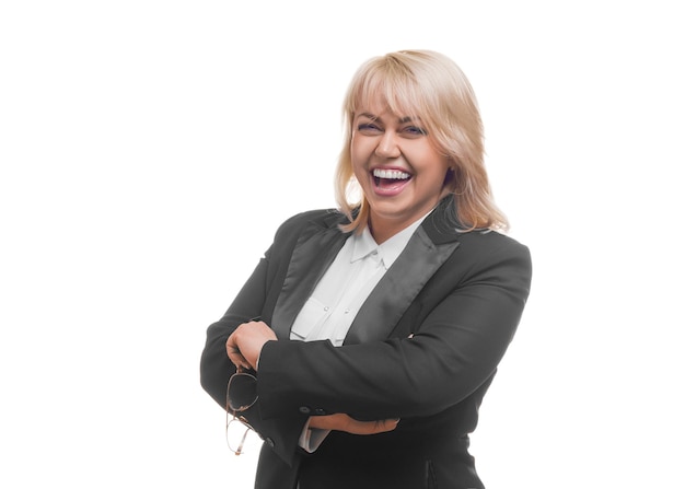 Portrait of laughing businesswoman over white background