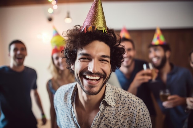 Portrait of a laughing man on his birthday party with friends created with generative ai