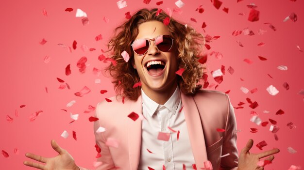 Portrait of a laughing man surrounded by a red confetti paper hearts against a pink background