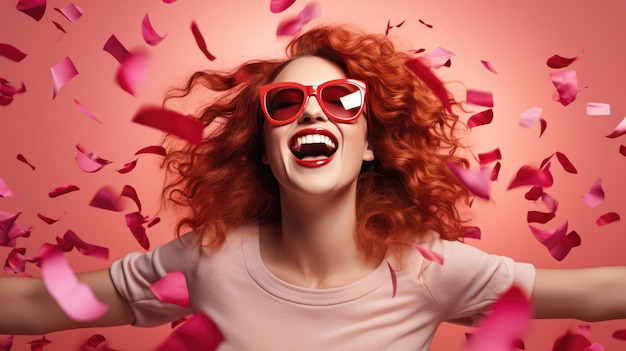 Portrait of a laughing woman surrounded by a red confetti paper hearts against a pink background