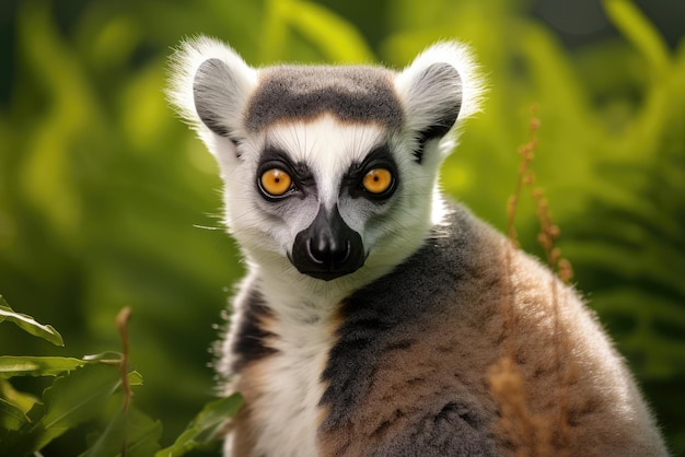 Portrait of a lemur against the background of green nature Generative AI