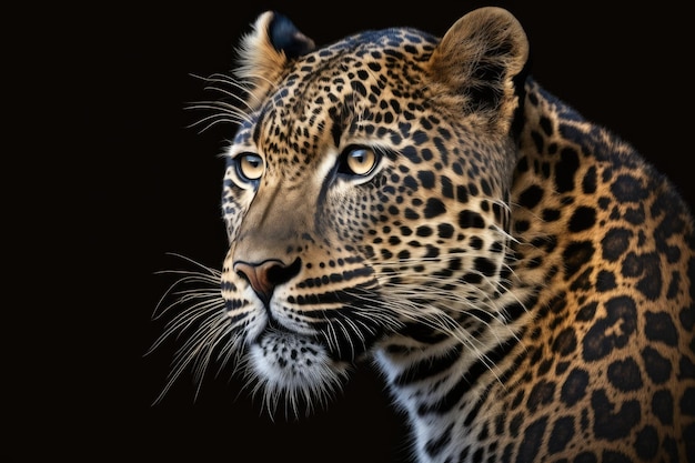 A portrait of a leopard with a black background