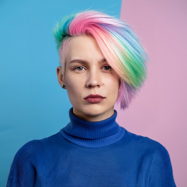 Portrait of an LGBTQ Woman with Vibrant Expression with Rainbow Hair on Contrasting Blue and Pink