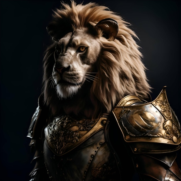 Portrait of a lion in armor on a dark background Fantasy