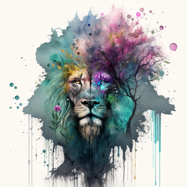 Portrait of a lion head from a splash of watercolor