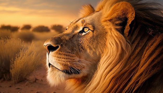 Portrait of a Lion in the morning sunlight in the African savannah Side view Generative AI