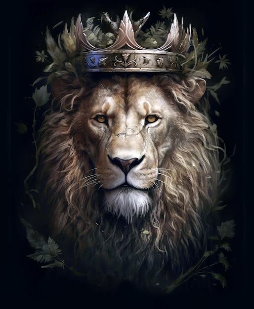 Portrait of lion with crown of thorns on its head