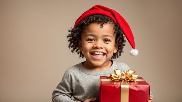 Portrait of a little African American boy wearing a Santa hat with a gift box