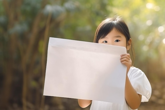 Portrait of little asian girl holding a sheet of paper Generative AI