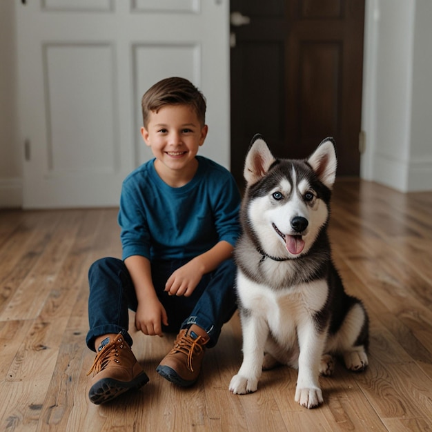 Photo portrait of little boy hugging a husky dog in outdoor park