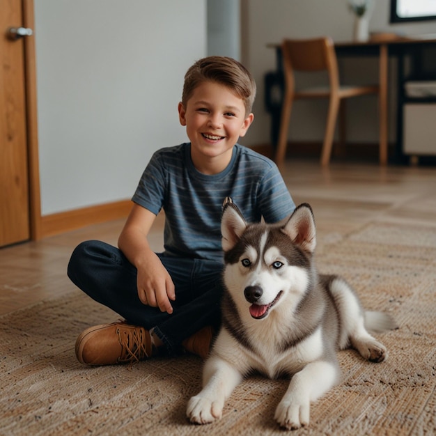 Photo portrait of little boy hugging a husky dog in outdoor park